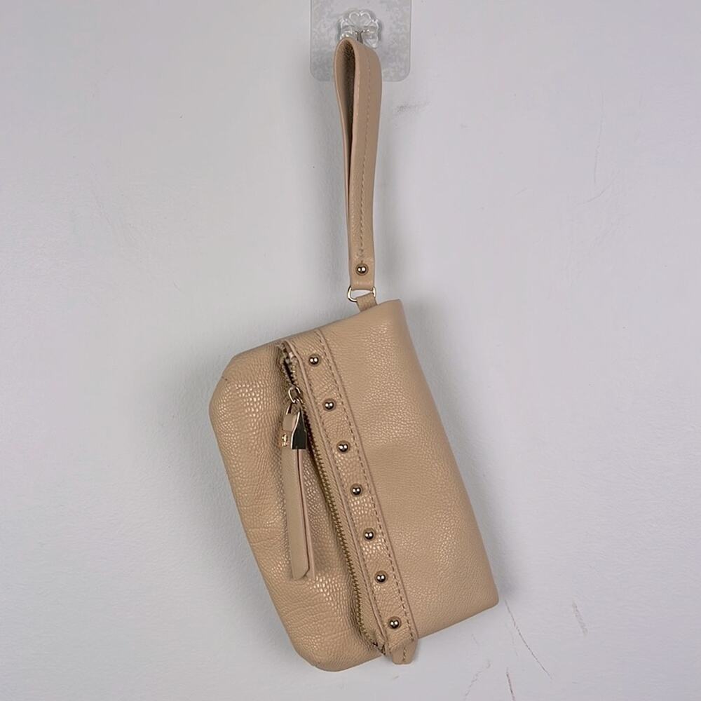 πJ Lo tan embellished zippered fold over clutch